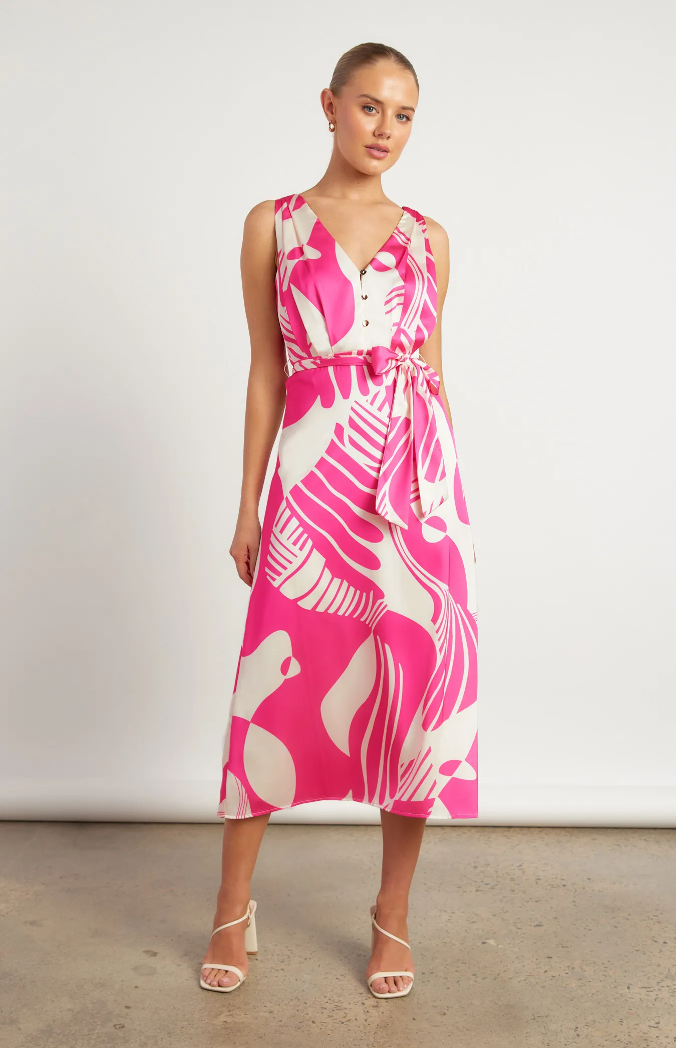 Abstract Printed Satin Midi Dress with Scarf Feature (WDR639B)