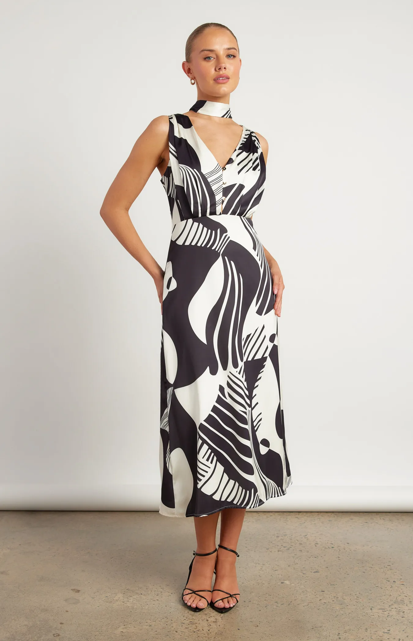 Abstract Printed Satin Midi Dress with Scarf Feature (WDR639B)