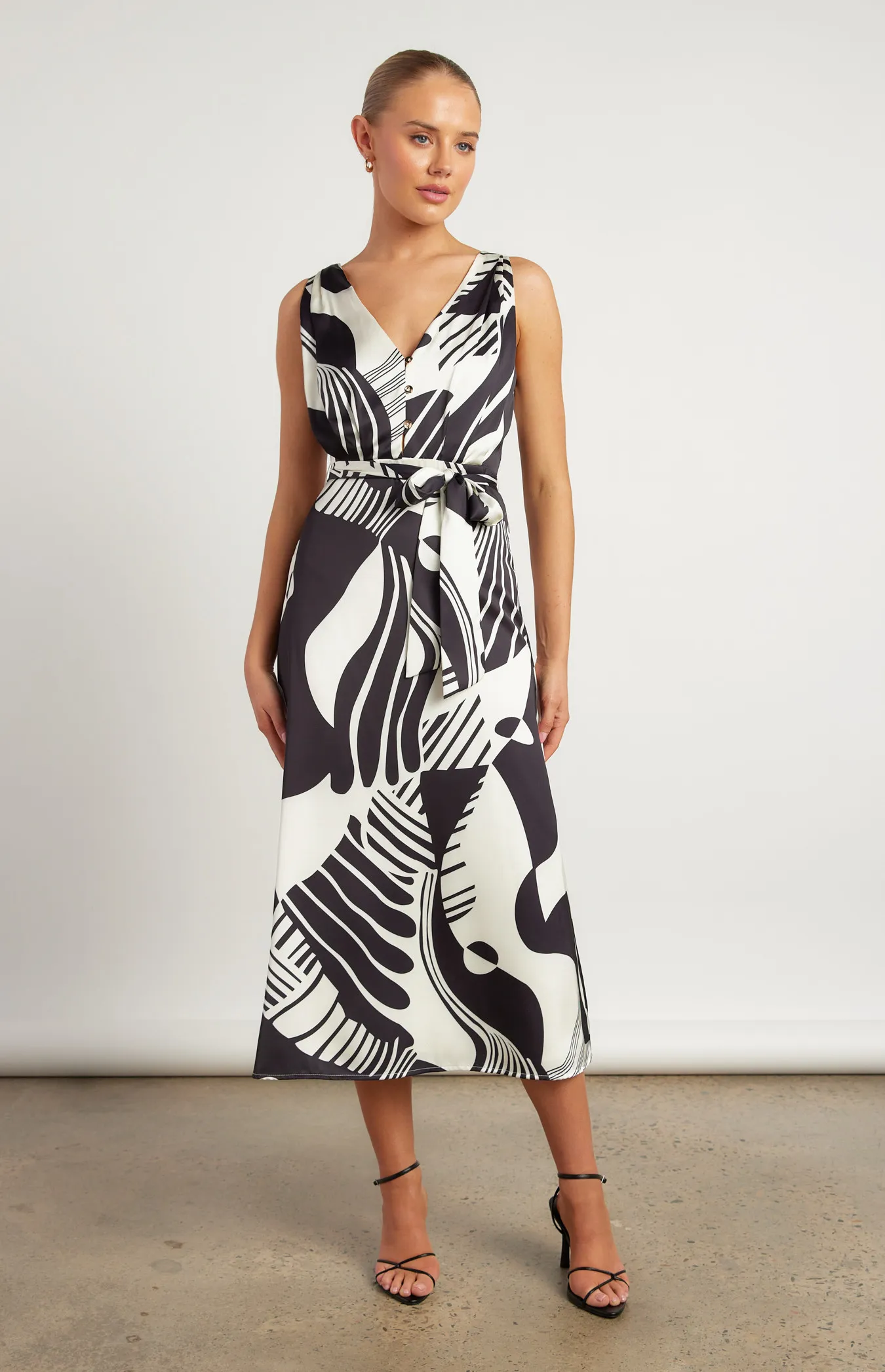 Abstract Printed Satin Midi Dress with Scarf Feature (WDR639B)