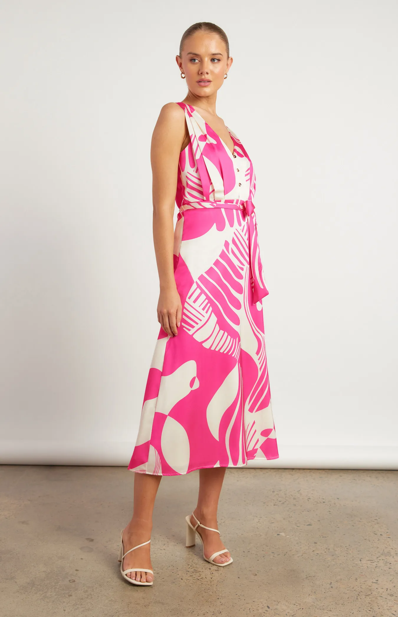 Abstract Printed Satin Midi Dress with Scarf Feature (WDR639B)