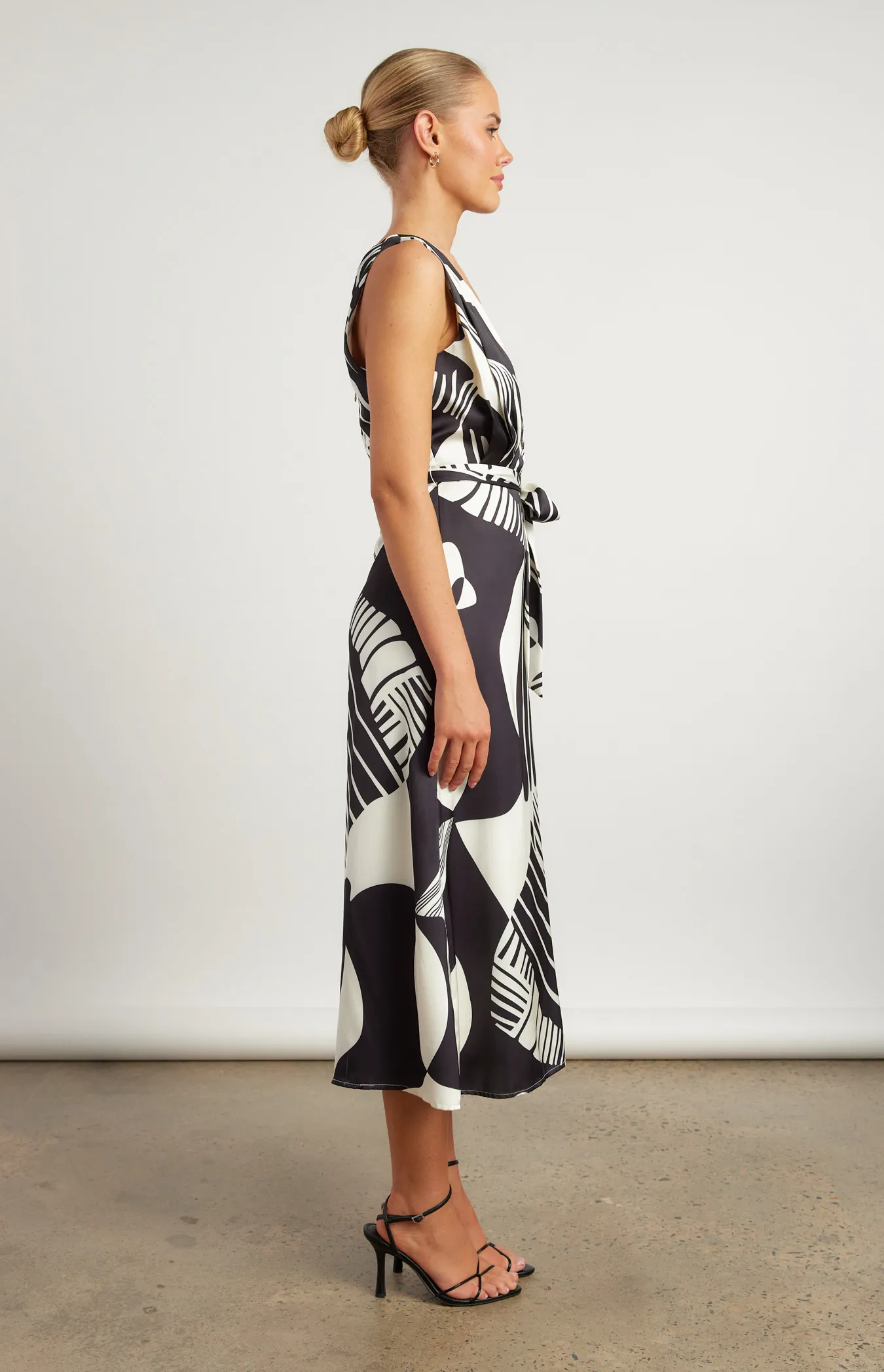 Abstract Printed Satin Midi Dress with Scarf Feature (WDR639B)