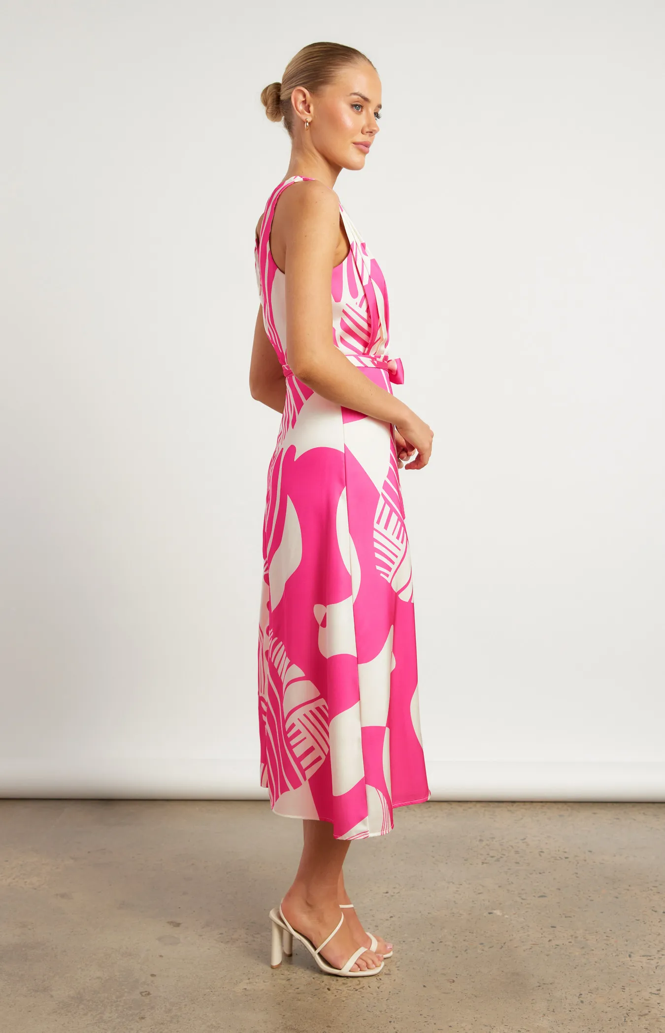 Abstract Printed Satin Midi Dress with Scarf Feature (WDR639B)