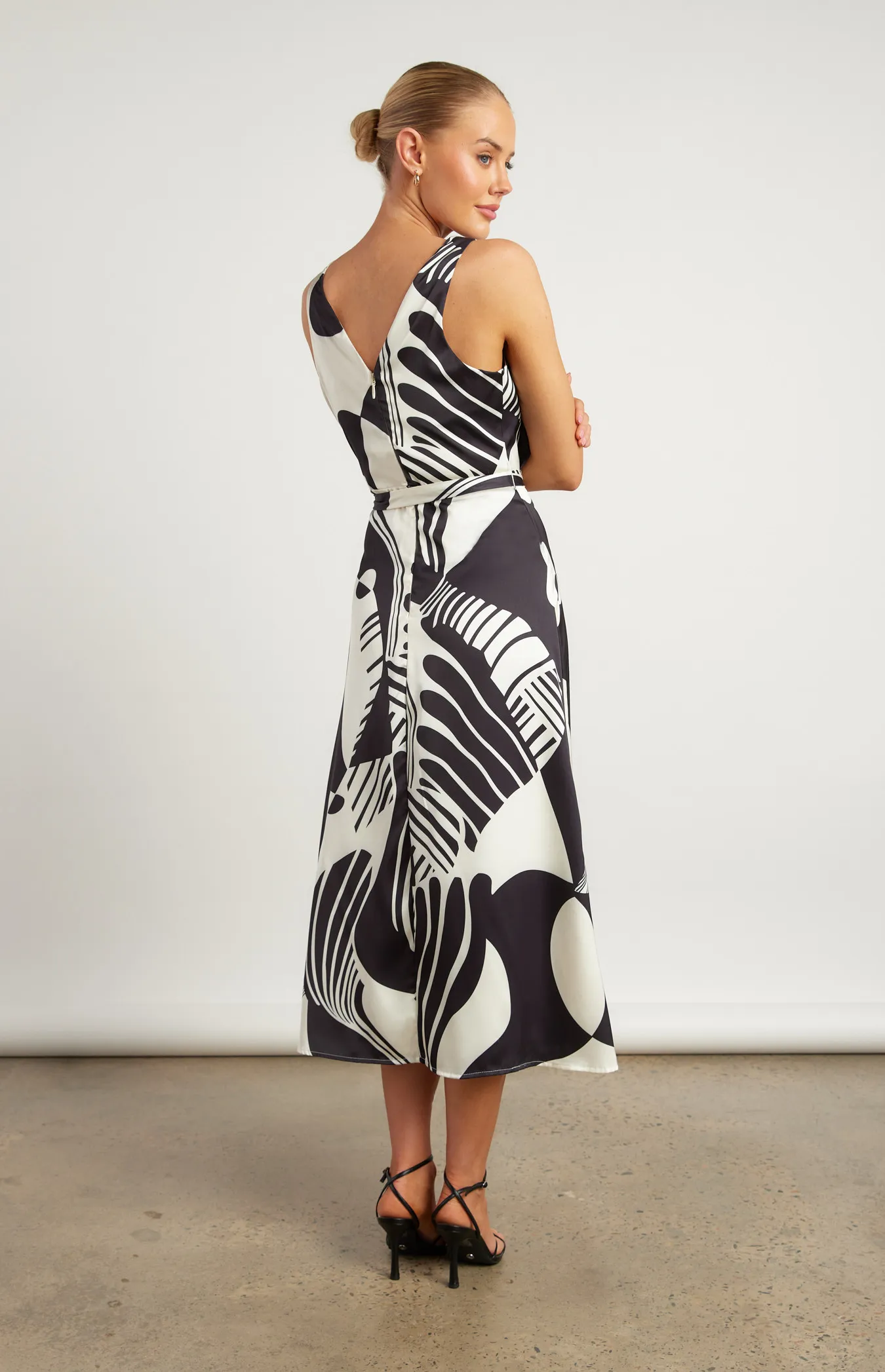 Abstract Printed Satin Midi Dress with Scarf Feature (WDR639B)