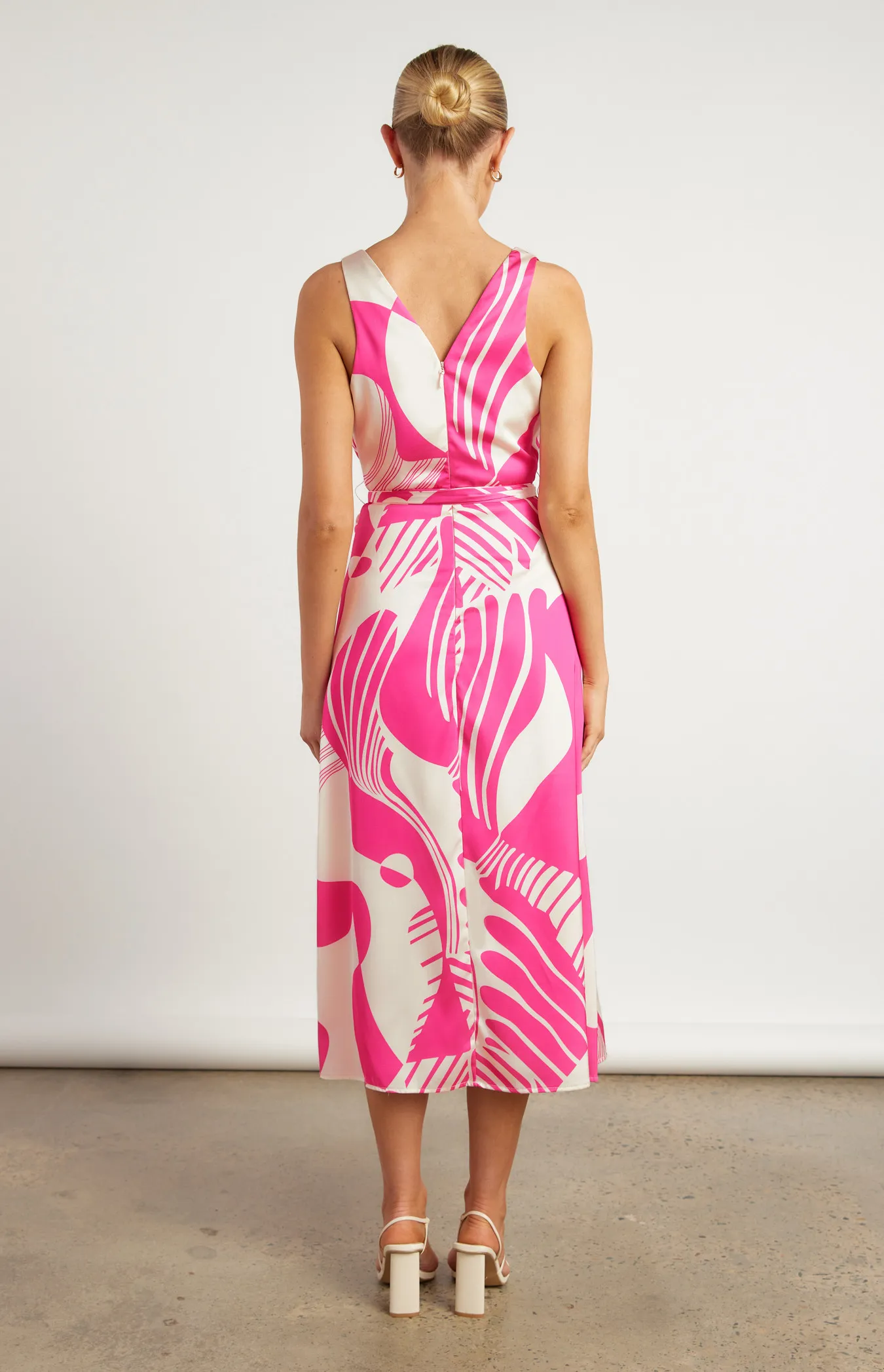 Abstract Printed Satin Midi Dress with Scarf Feature (WDR639B)