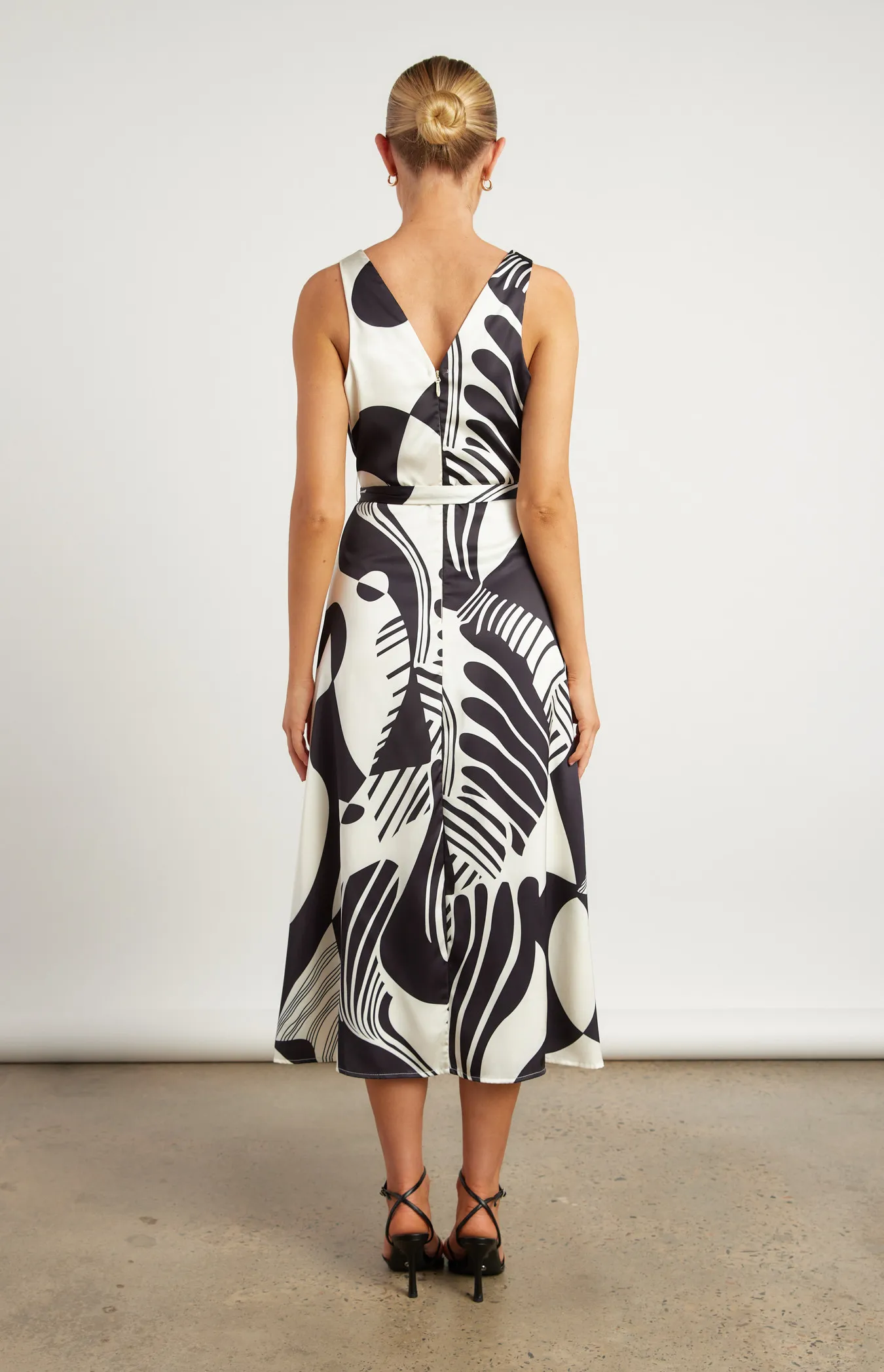 Abstract Printed Satin Midi Dress with Scarf Feature (WDR639B)