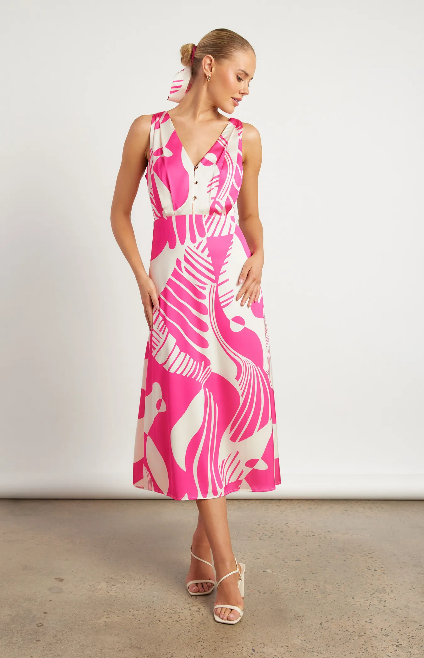 Abstract Printed Satin Midi Dress with Scarf Feature (WDR639B)