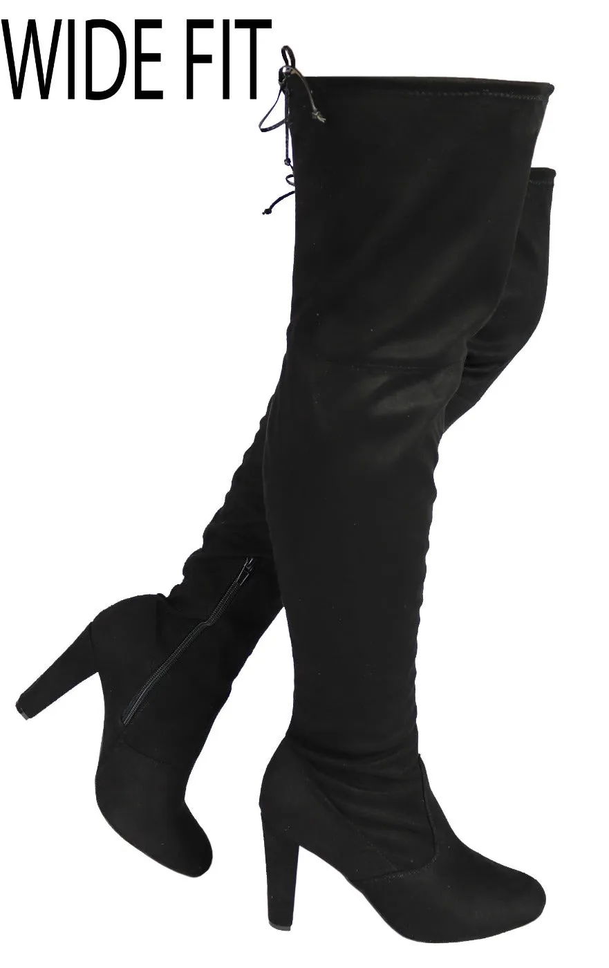 AMAYA-01W WIDE FIT FAUX SUEDE CHUNKY HEEL THIGH HIGH BOOTS