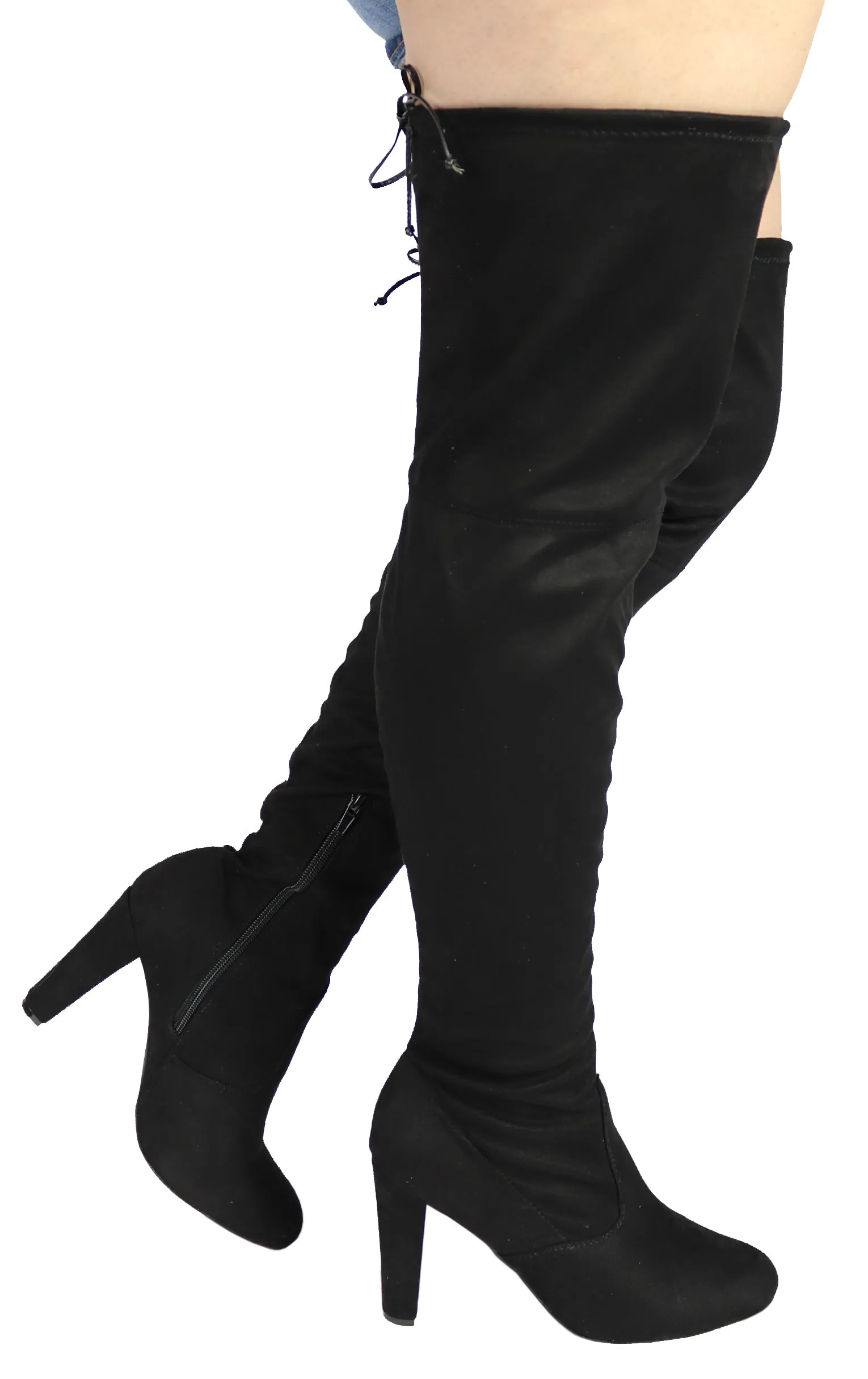 AMAYA-01W WIDE FIT FAUX SUEDE CHUNKY HEEL THIGH HIGH BOOTS