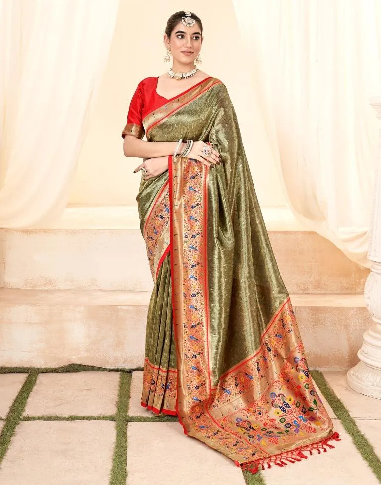 Army Green Silk Woven Sarees