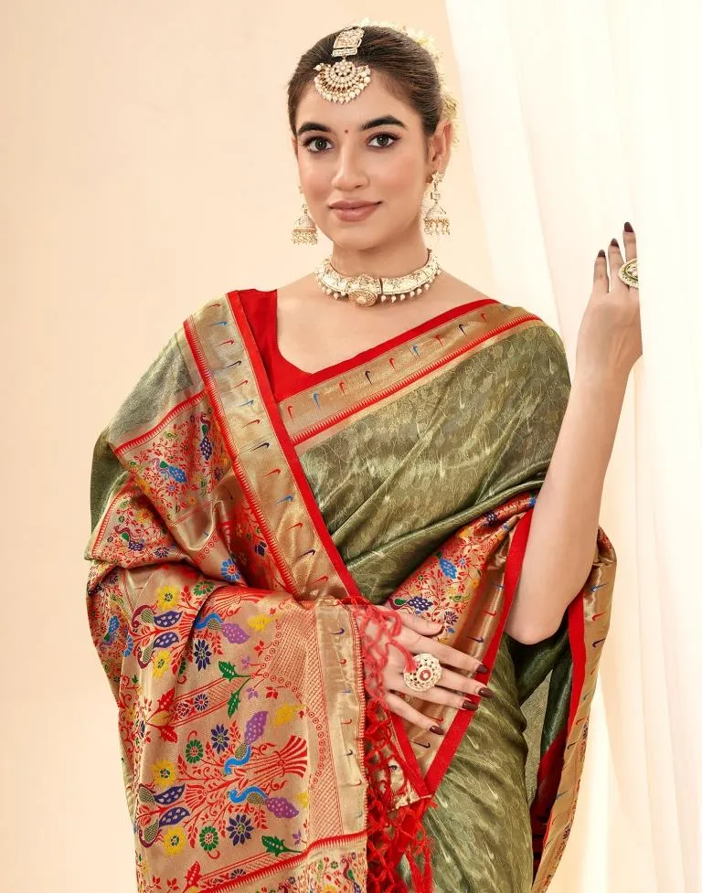 Army Green Silk Woven Sarees