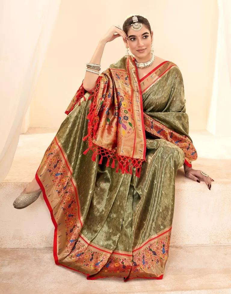 Army Green Silk Woven Sarees