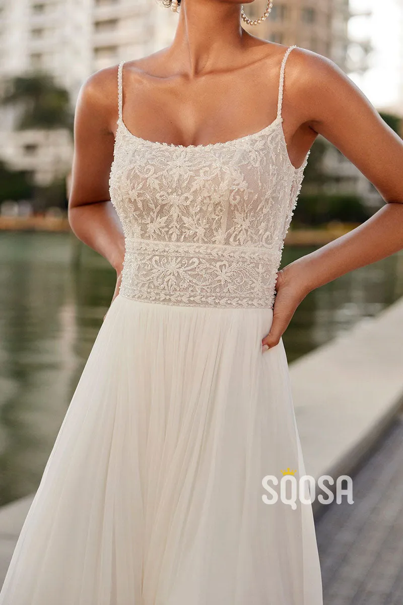 Bateau Spaghetti Straps Lace Applique With Side Slit Tulle Beach Wedding Dress QW8209