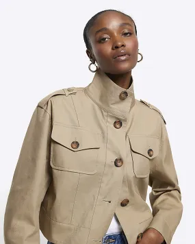 Beige button up crop trench coat