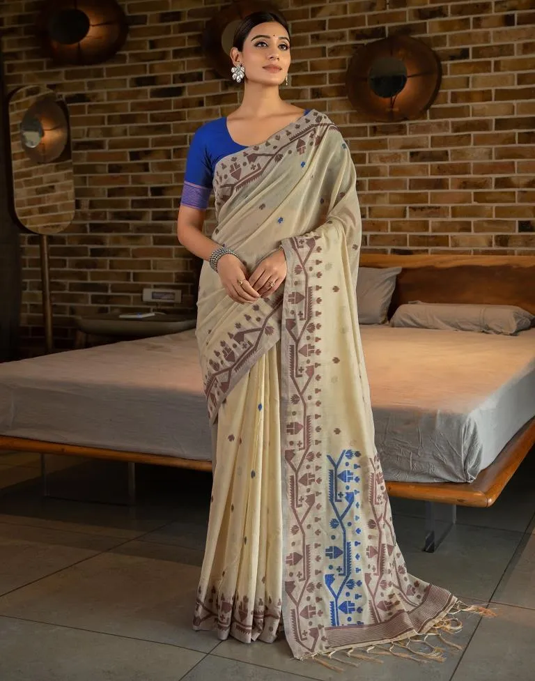 Beige Cotton Woven Sarees