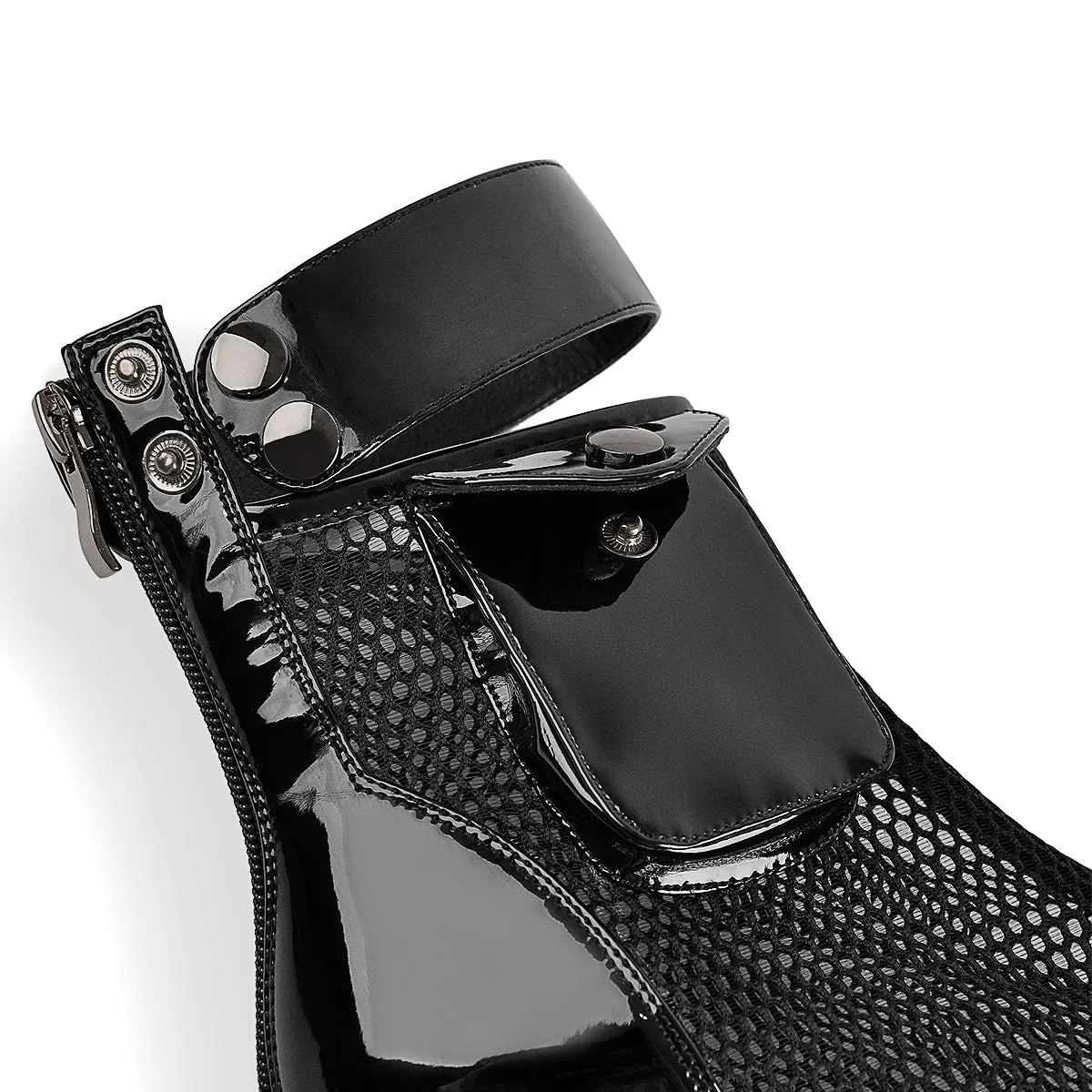 Black Platform Mesh Pocket Ankle Strap Boots