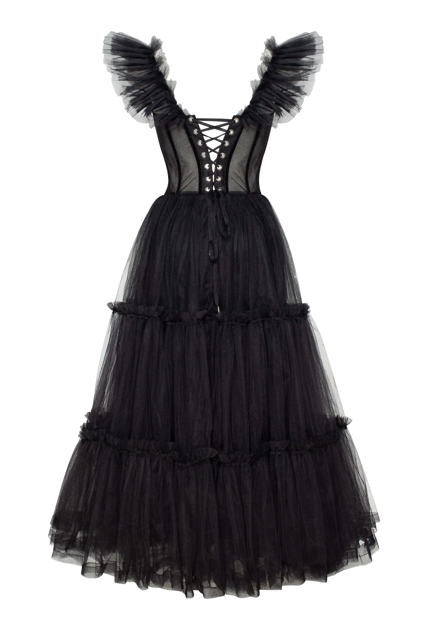 Black Ruffled Tulle Midi Dress