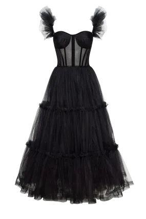 Black Ruffled Tulle Midi Dress