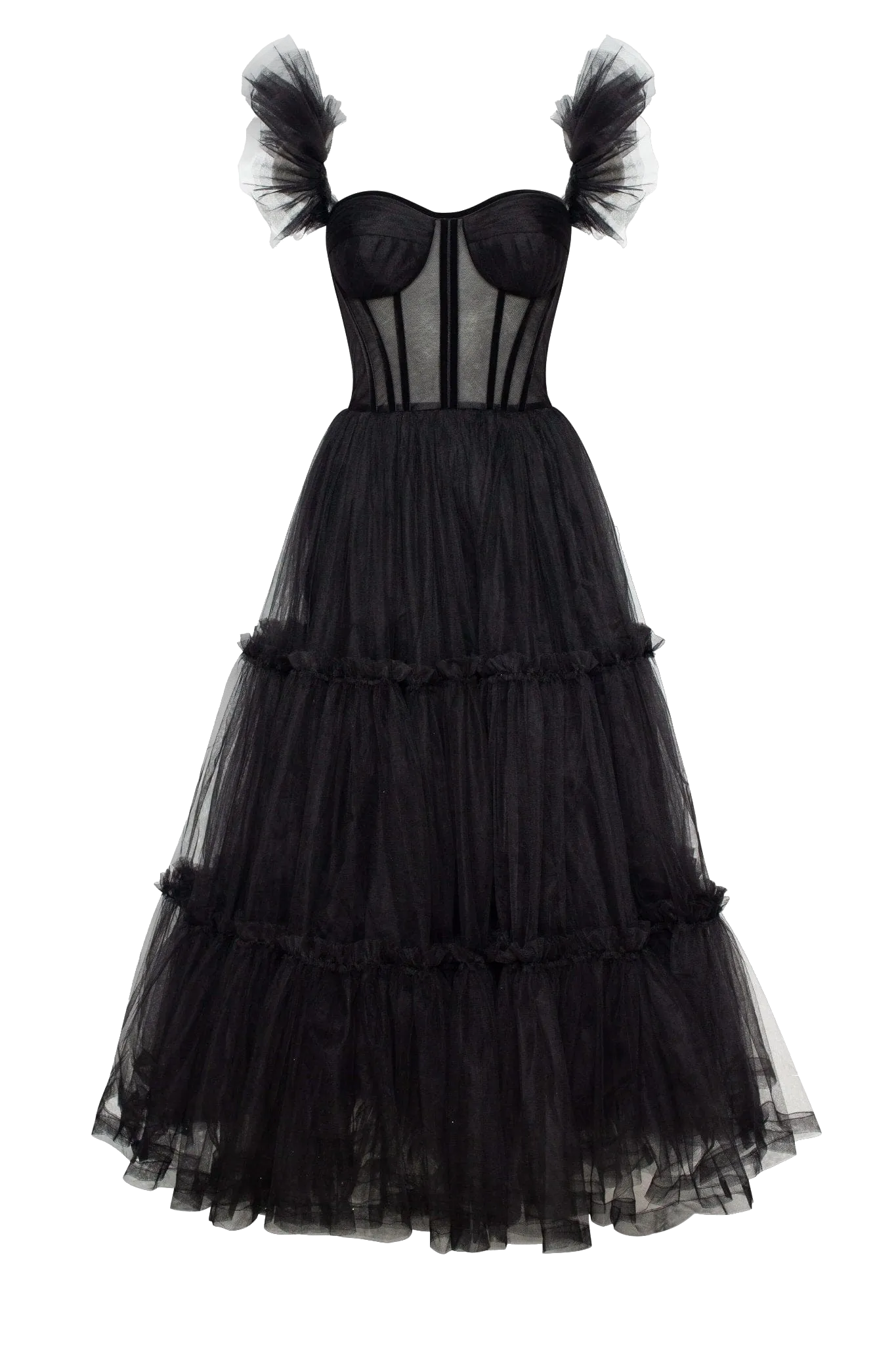 Black Ruffled Tulle Midi Dress