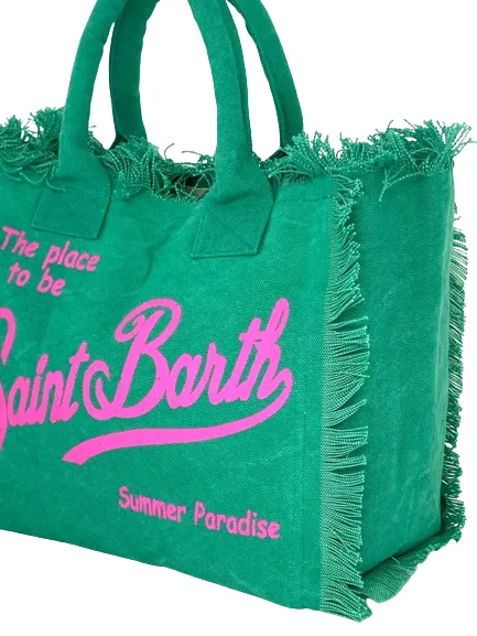 BORSA VERDE IN CANVAS CON LOGO FUCSIA