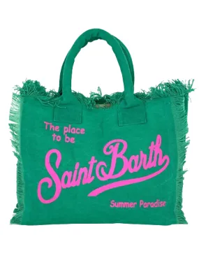 BORSA VERDE IN CANVAS CON LOGO FUCSIA