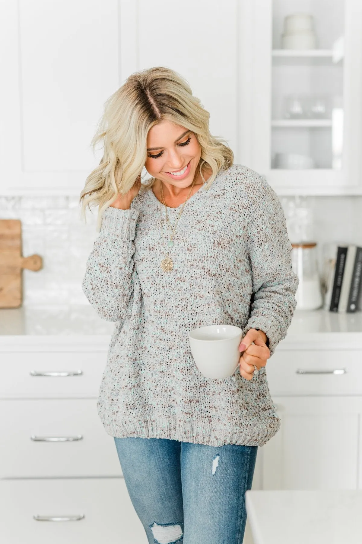 Charming Embrace Chunky Knit Sweater- Grey & Mint Blue