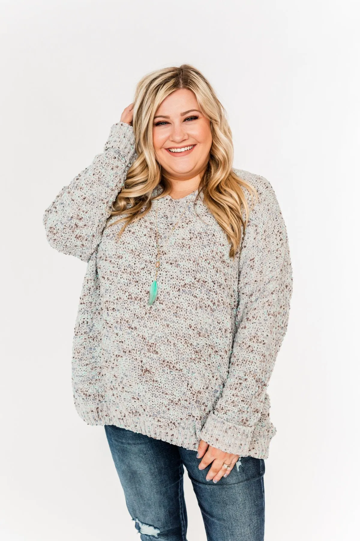 Charming Embrace Chunky Knit Sweater- Grey & Mint Blue