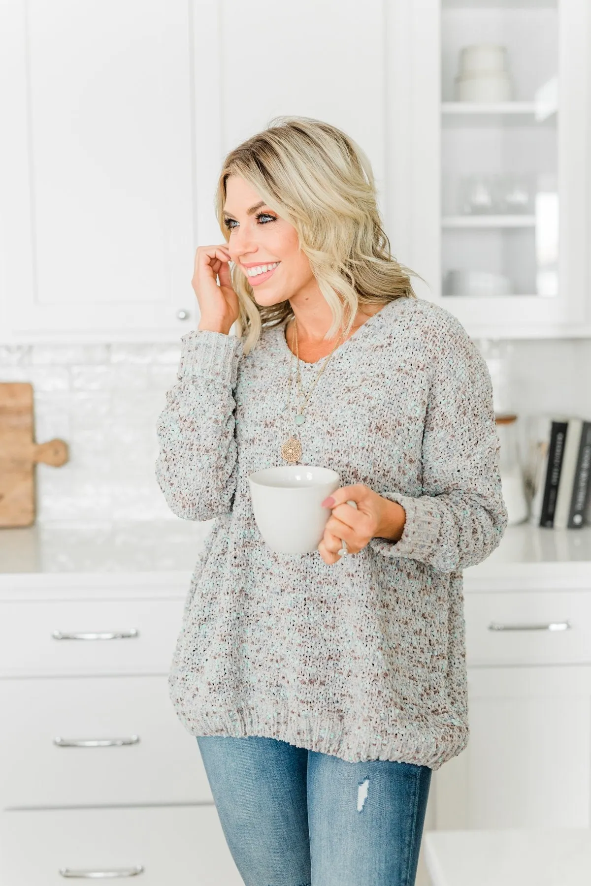 Charming Embrace Chunky Knit Sweater- Grey & Mint Blue