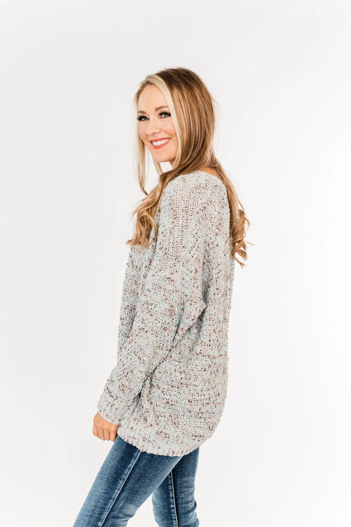 Charming Embrace Chunky Knit Sweater- Grey & Mint Blue