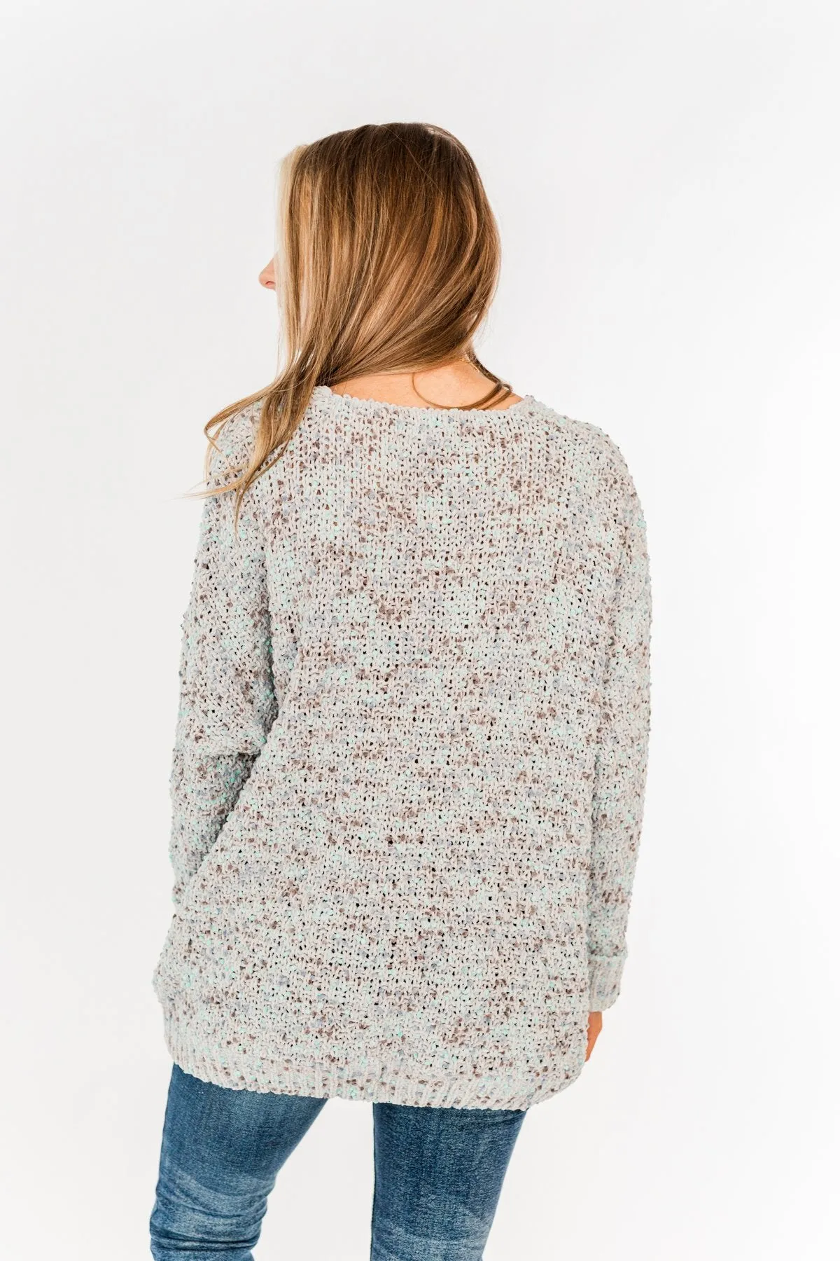 Charming Embrace Chunky Knit Sweater- Grey & Mint Blue