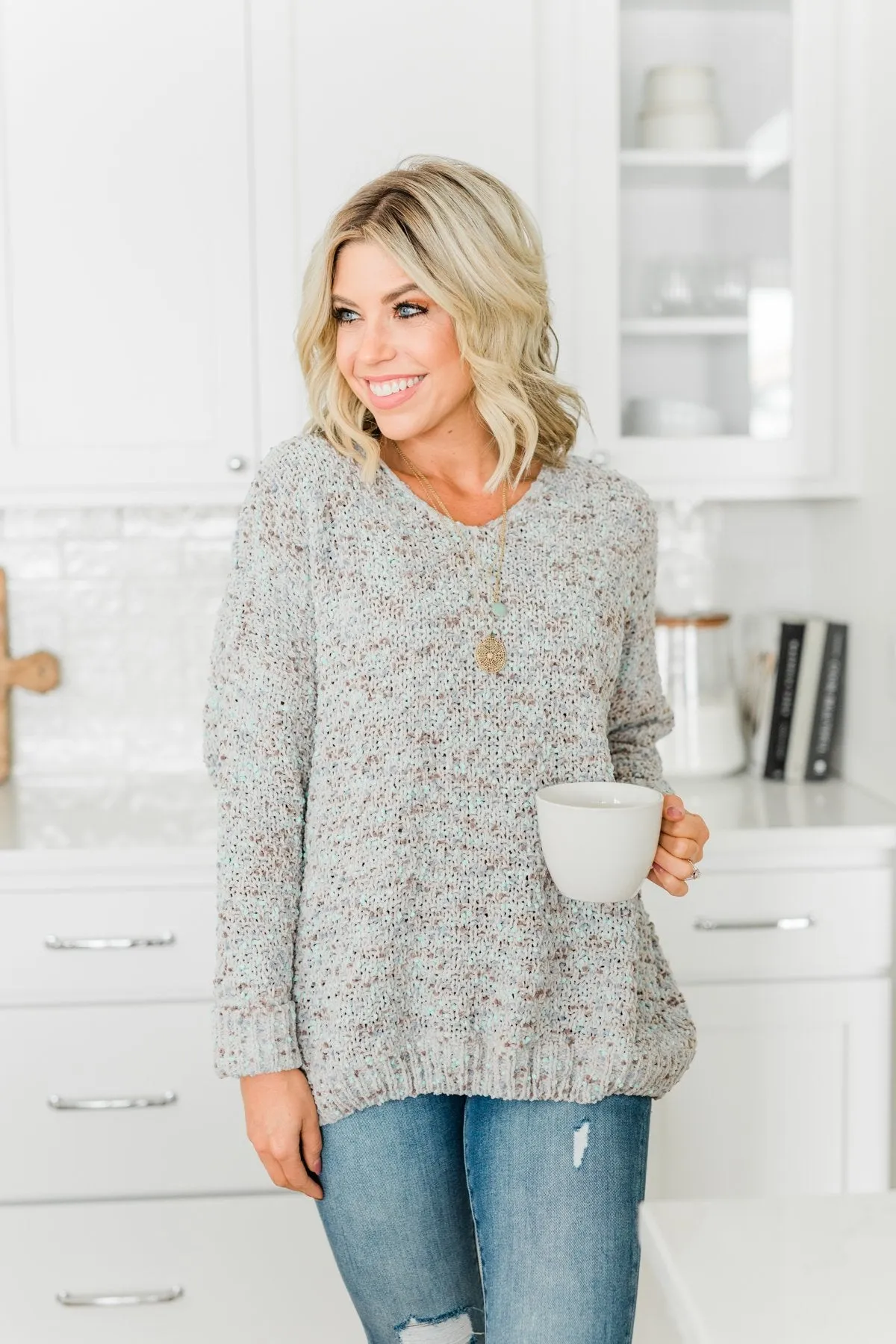 Charming Embrace Chunky Knit Sweater- Grey & Mint Blue