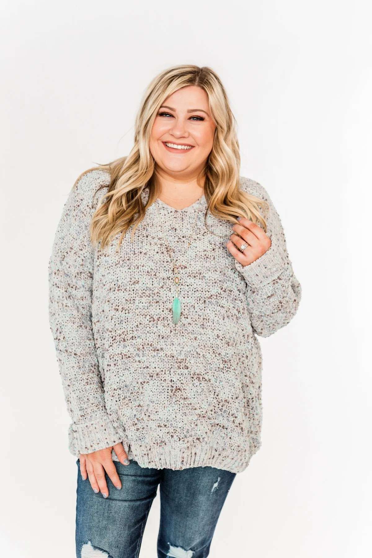 Charming Embrace Chunky Knit Sweater- Grey & Mint Blue