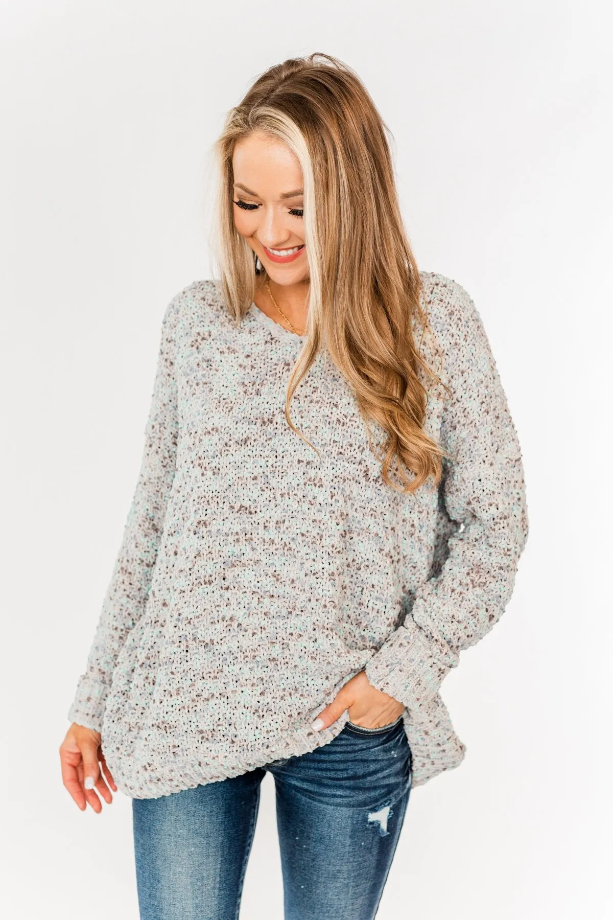 Charming Embrace Chunky Knit Sweater- Grey & Mint Blue