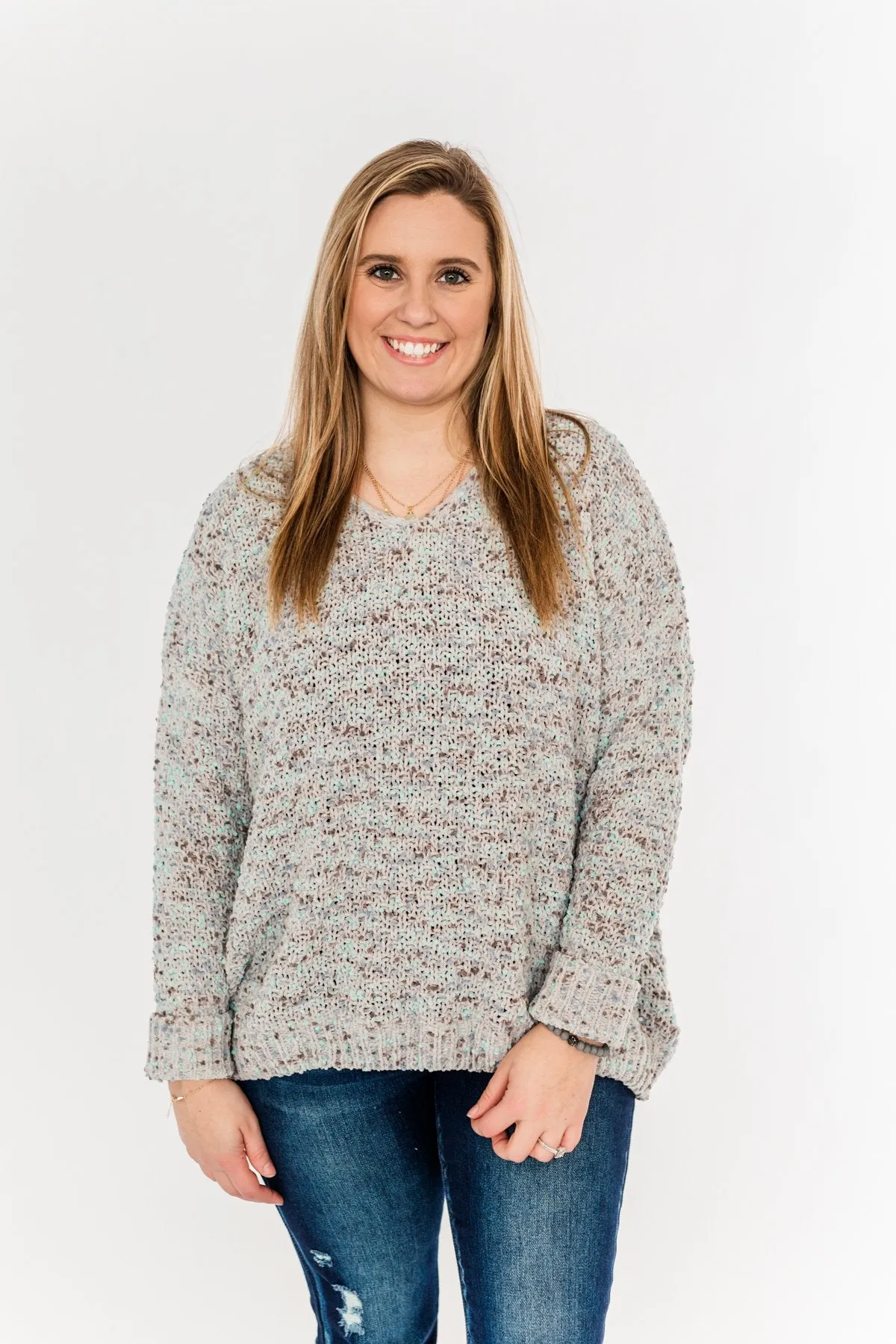 Charming Embrace Chunky Knit Sweater- Grey & Mint Blue