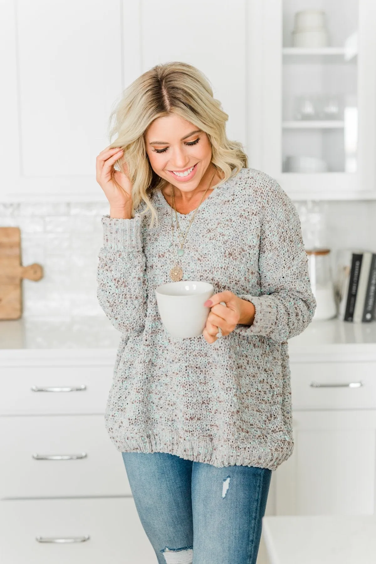 Charming Embrace Chunky Knit Sweater- Grey & Mint Blue