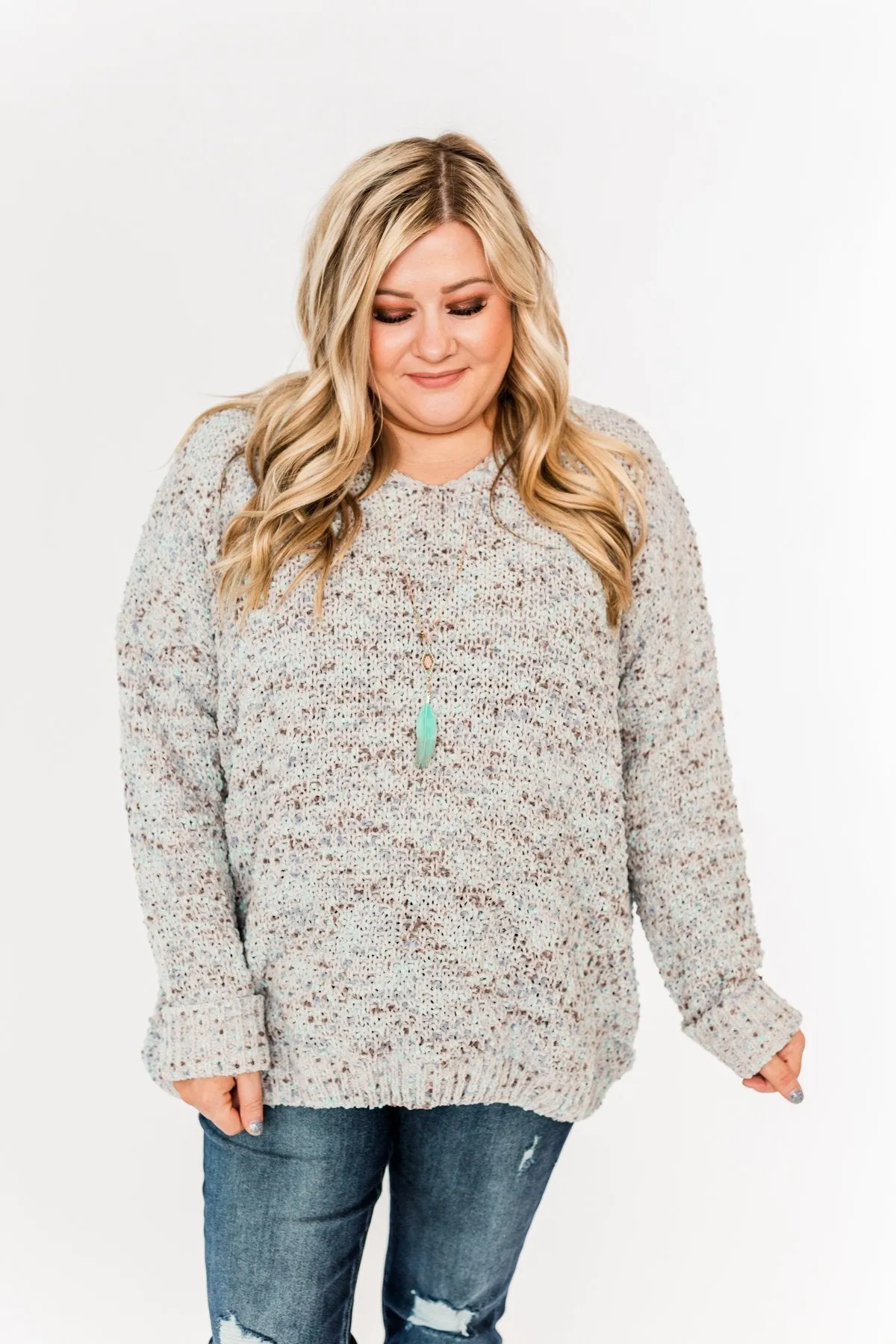 Charming Embrace Chunky Knit Sweater- Grey & Mint Blue