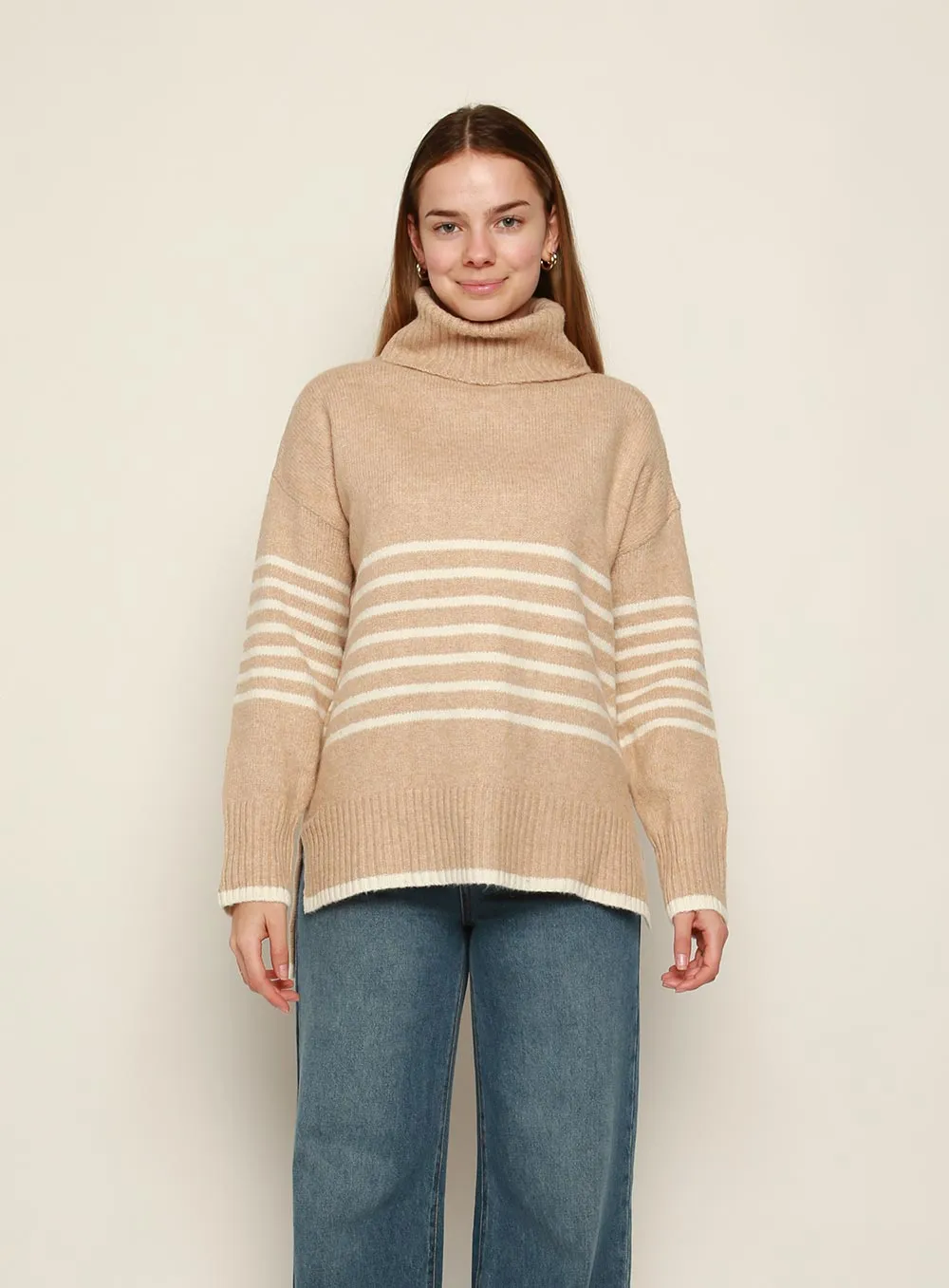 Cindy Roll Neck Stripe Knit-CAMEL/WHITE