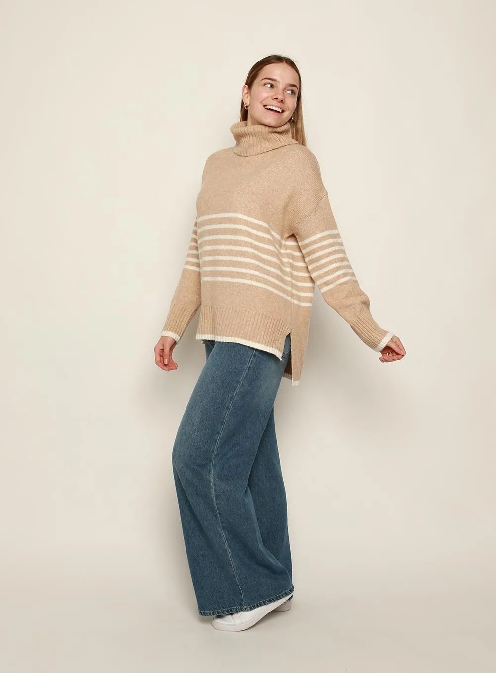 Cindy Roll Neck Stripe Knit-CAMEL/WHITE