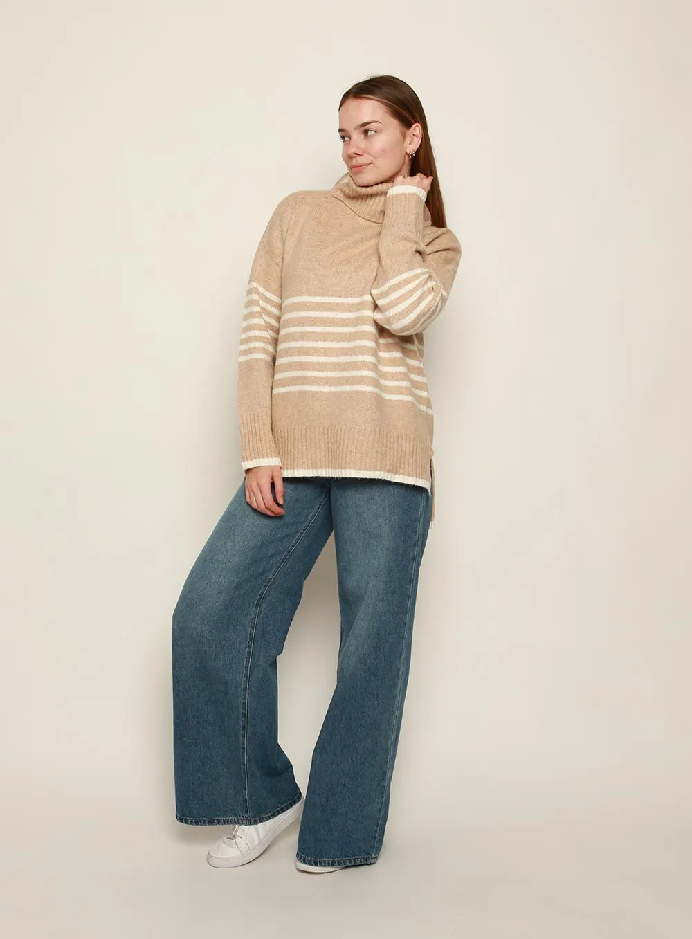 Cindy Roll Neck Stripe Knit-CAMEL/WHITE