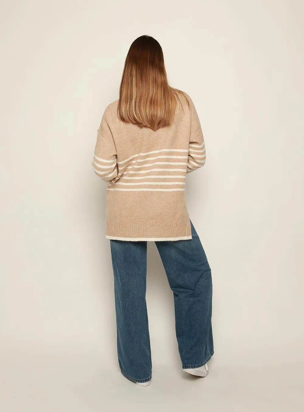 Cindy Roll Neck Stripe Knit-CAMEL/WHITE