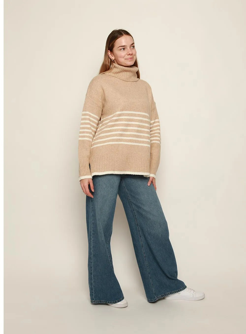 Cindy Roll Neck Stripe Knit-CAMEL/WHITE