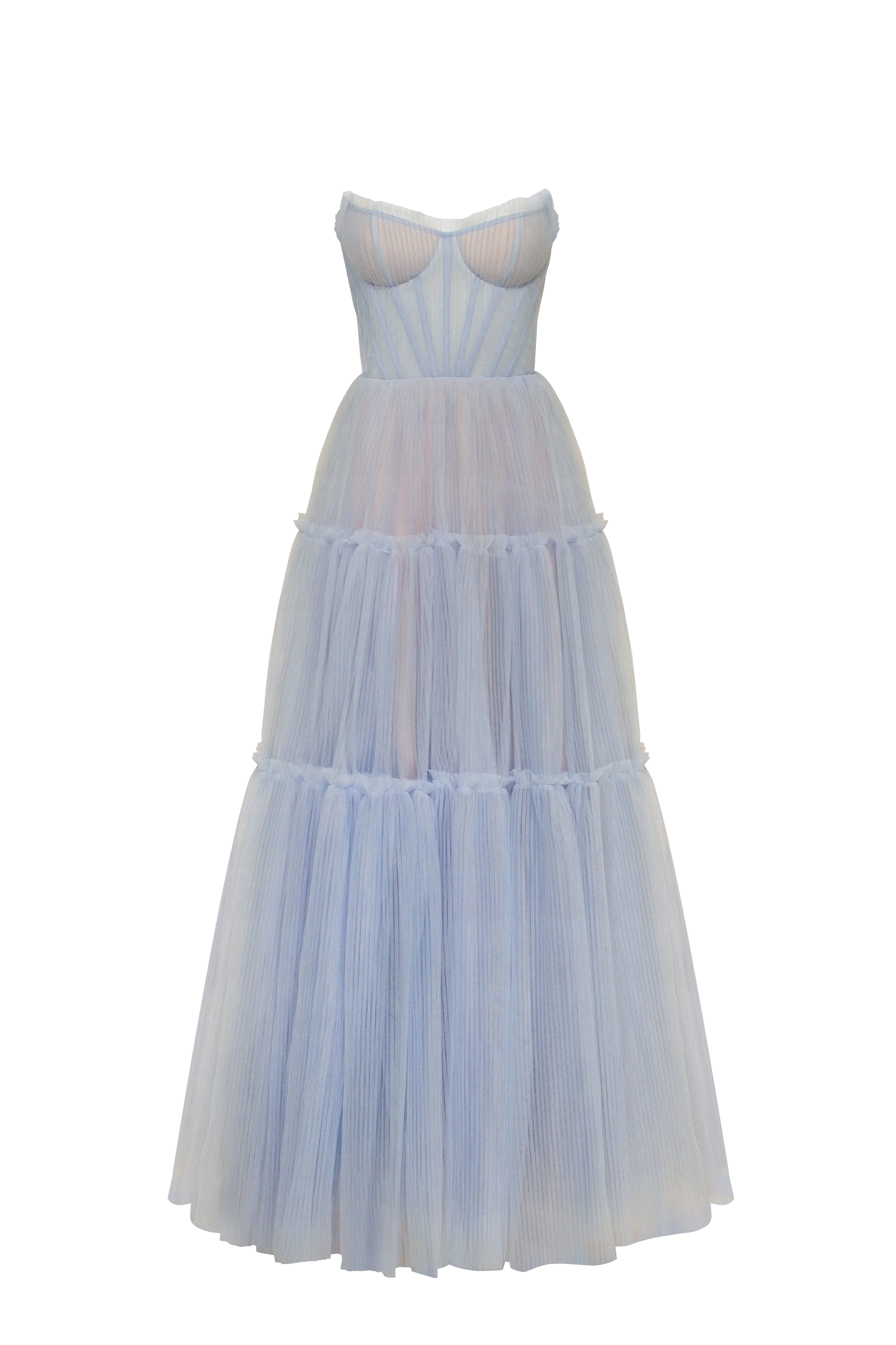 Cloudy blue tulle maxi dress with ruffled skirt, Garden of Eden