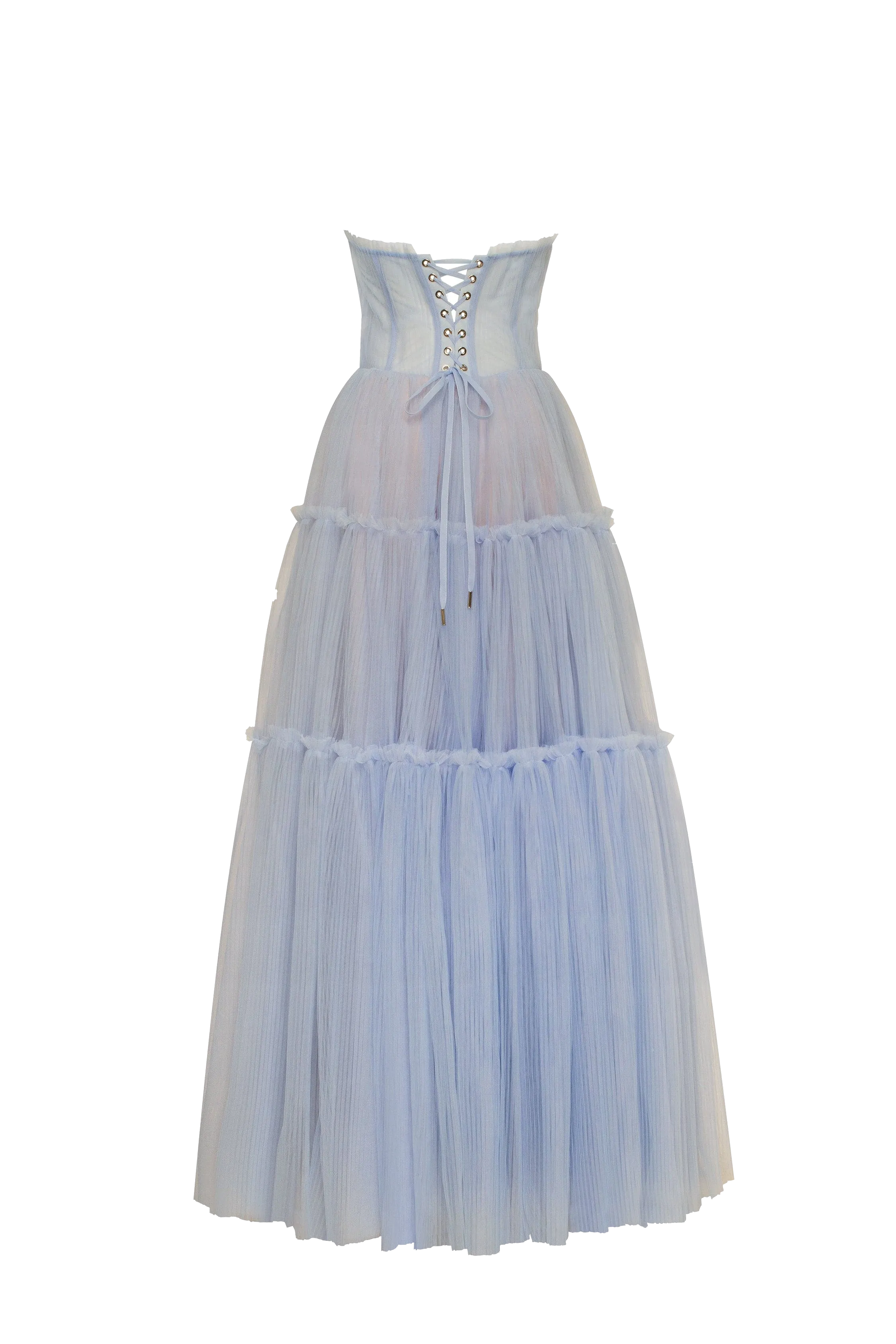 Cloudy blue tulle maxi dress with ruffled skirt, Garden of Eden