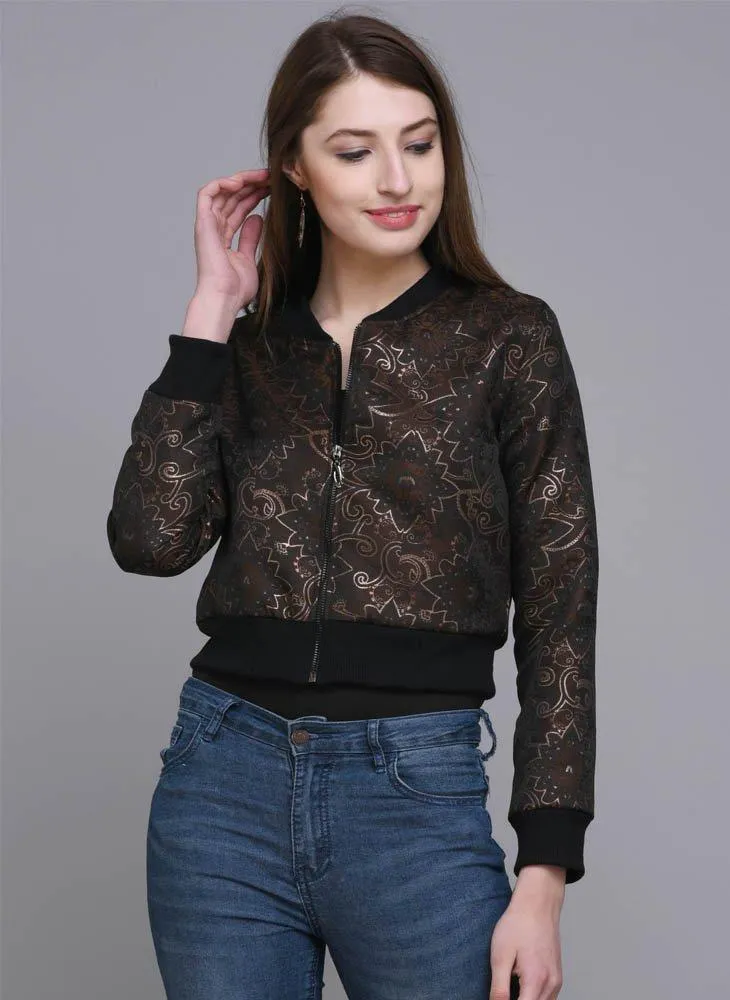 Cropped Brocade Jacket with Geometrical Floral Motif