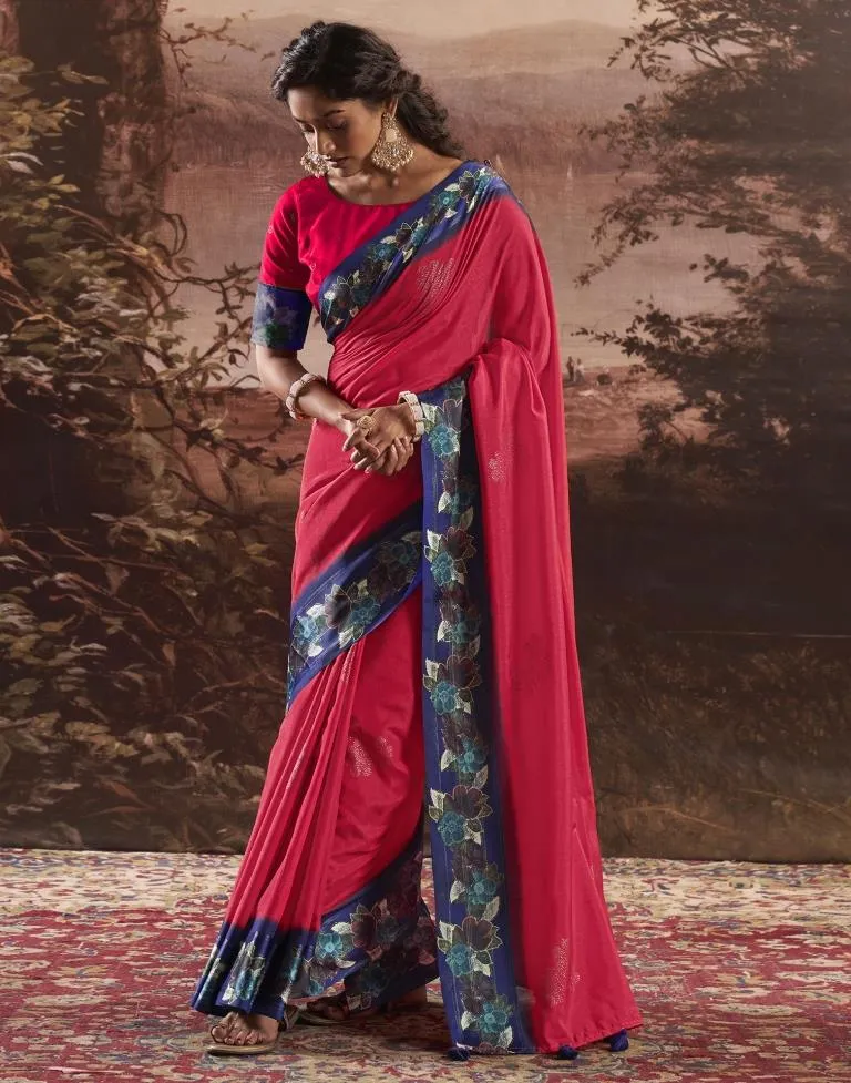 Deep Pink Silk Printed Sarees