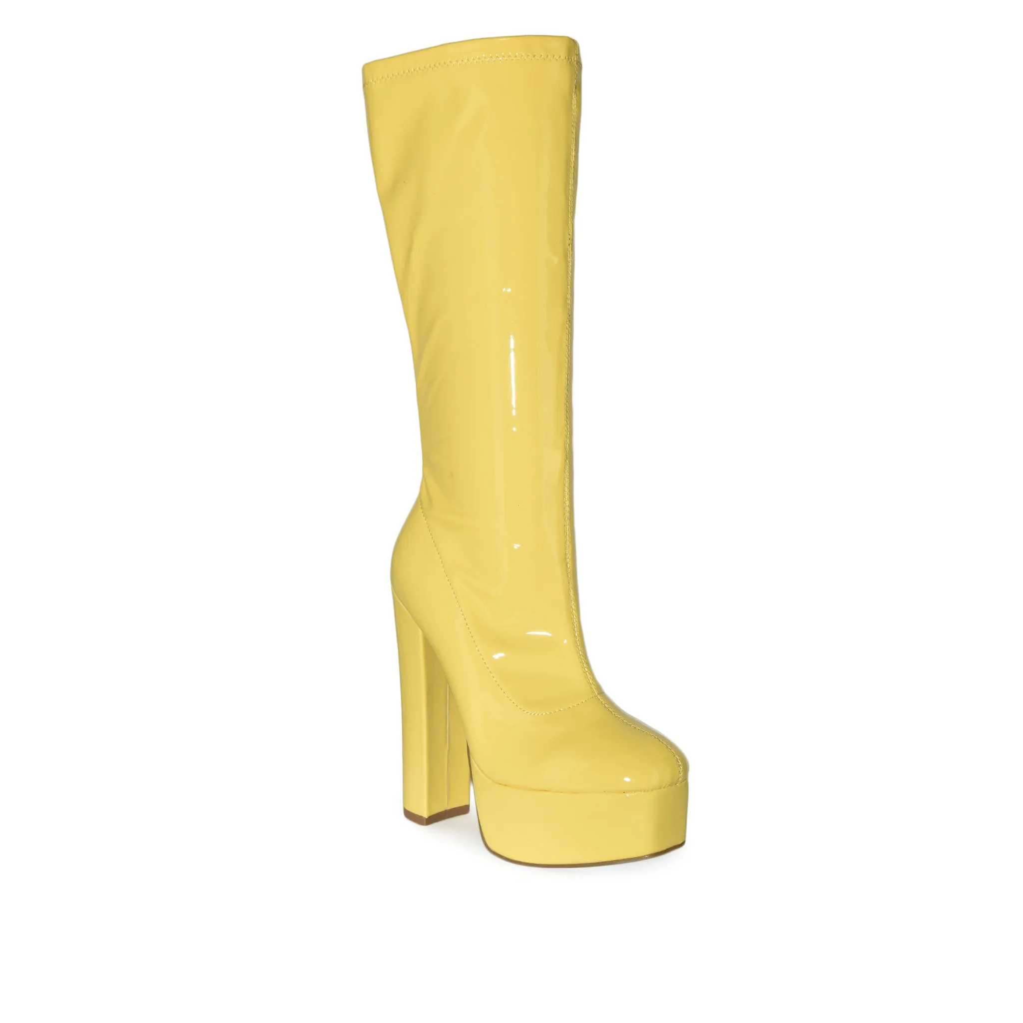 DOSSY-04 Patent Mid-Calf Platform Chunky Block Heel Boots