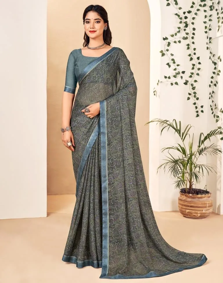 Dusty Green Georgette Printed Sarees