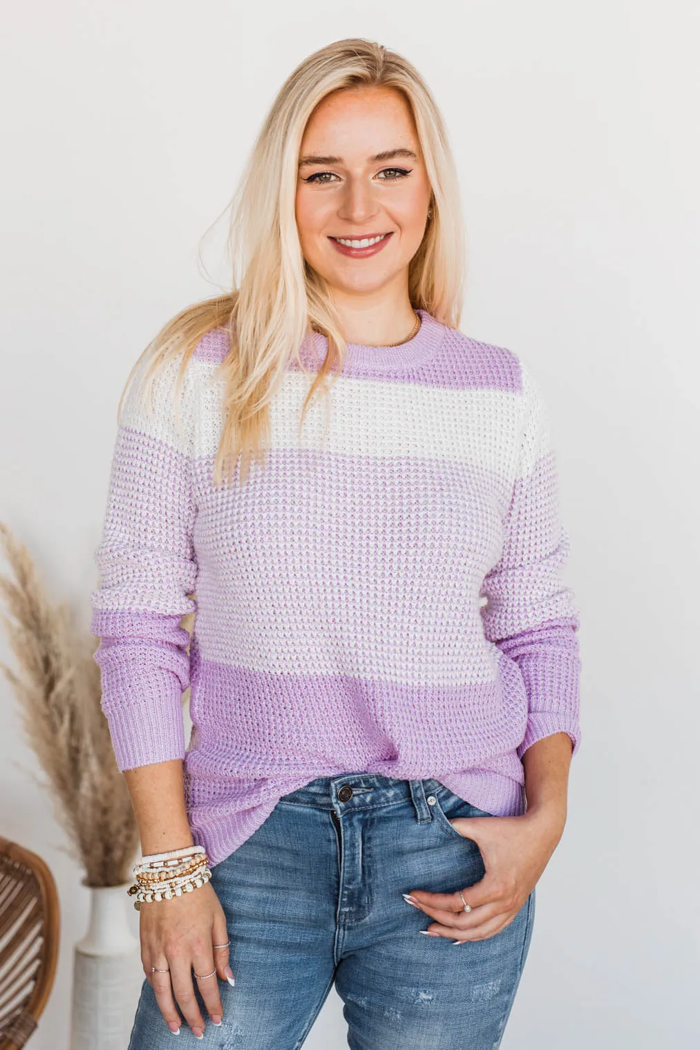 Enjoying Life Color Block Knit Sweater- Lavender & Ivory