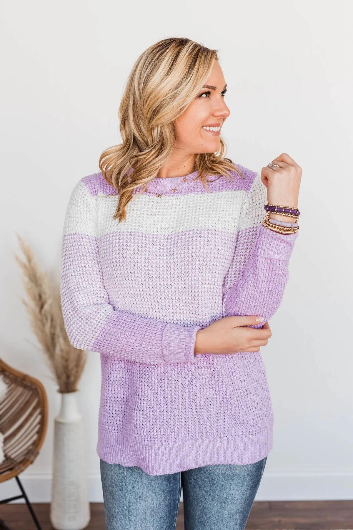 Enjoying Life Color Block Knit Sweater- Lavender & Ivory