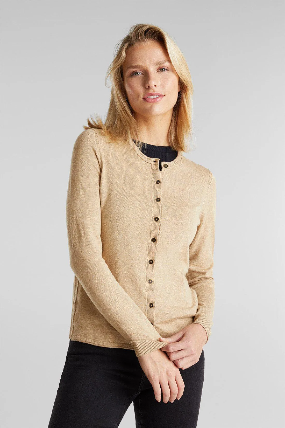 Esprit Light Crew Neck Cardigan Sweater in Oatmeal