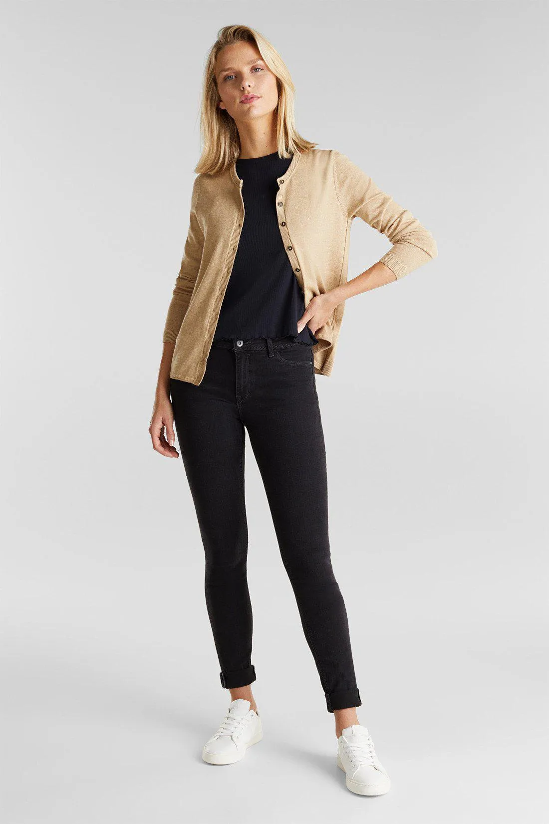 Esprit Light Crew Neck Cardigan Sweater in Oatmeal